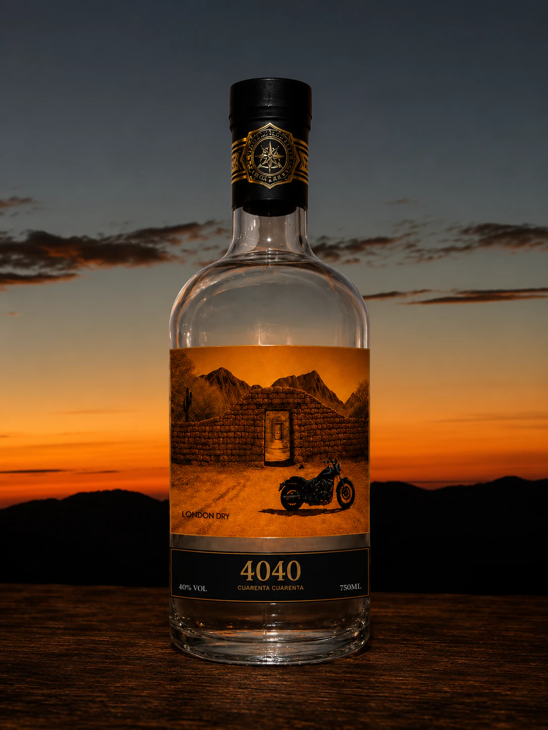 Botella de Gin 4040 London Dry frente a un atardecer